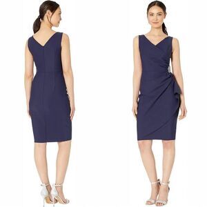 Alex Evenings Sleeveless Ruched Embellished Brooch Sheath Midi Dress Navy 18 NEW